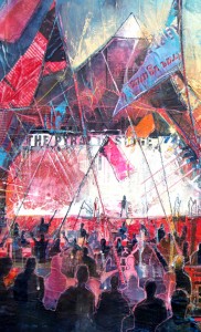 Pyramid Stage, Glastonbury celebrates all the atmosphere of the music festival. Depicting crowds of music lovers surrounding the main stage at dusk, as the lights and sounds of the concert come to life.