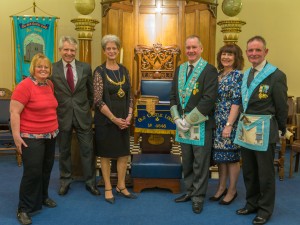Pictured Left to Right: Bev Hawkswell, Richard Durham (Mayors Consort), Cllr Liz Durham, Mayor of Macclesfield, Tony Corbett, Current Master of Old Castle Lodge, Sheena Corbett, Phil Hawkswell, Past Master Old Castle Lodge 